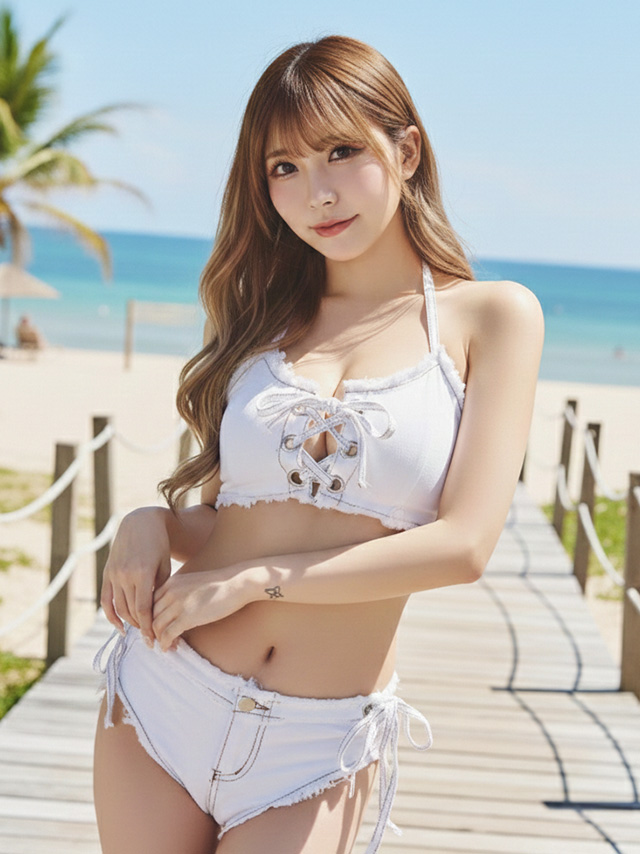 プチプラ 水着 バンドゥ ハイレグ デニム ホルターネック リボン ビキニのイメージ画像2