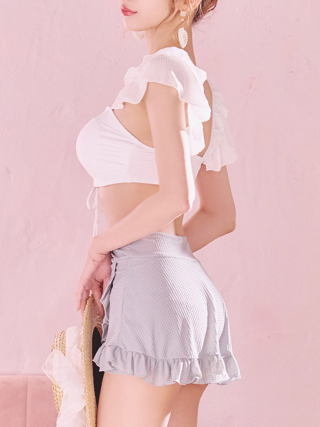 水着 バンドゥフリル袖フレアスカートガーリー体型カバーフリルビキニ