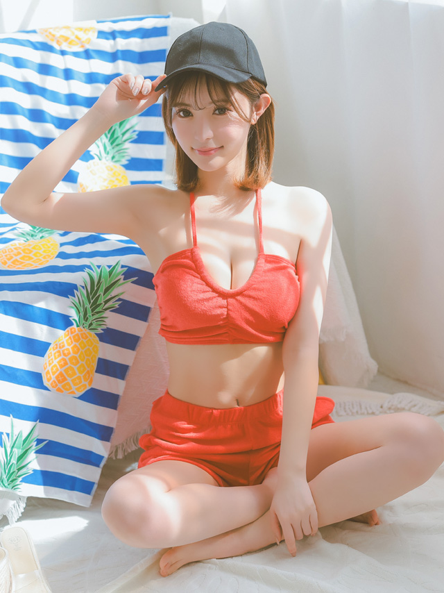 水着 バンドゥ ホルターネック 体型カバー パイル ハイウエスト ショートパンツ 韓国風 タンキニ