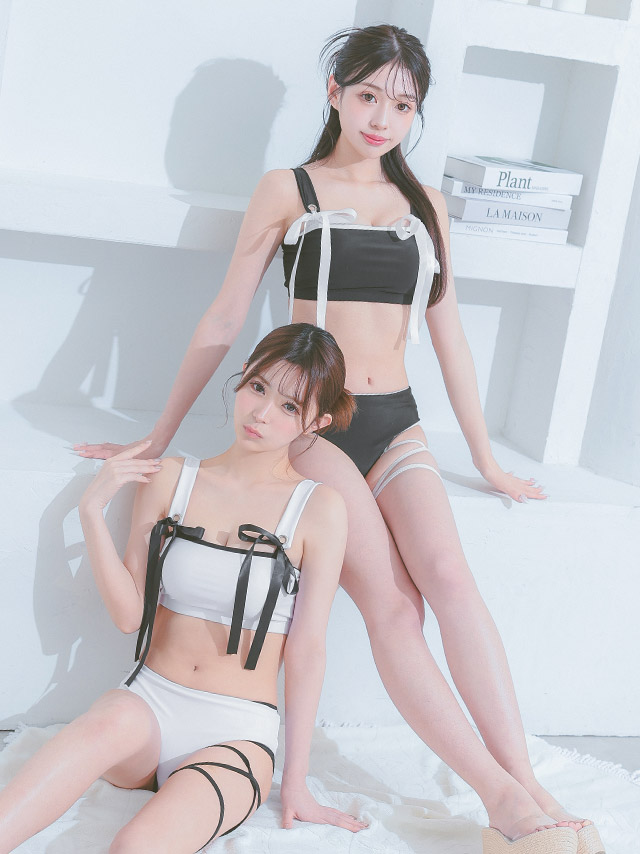 水着 クロスストラップ サテンリボンパイピング ビスチェ ギャル ビキニ width=