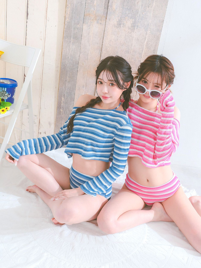 水着 2Way ホルターネック ビキニ ショート丈 オフショル ロングスリーブ トップス 体型カバー ボーダー 韓国風 タンキニ width=