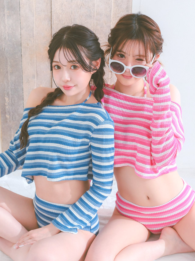 水着 2Way ホルターネック ビキニ ショート丈 オフショル ロングスリーブ トップス 体型カバー ボーダー 韓国風 タンキニ