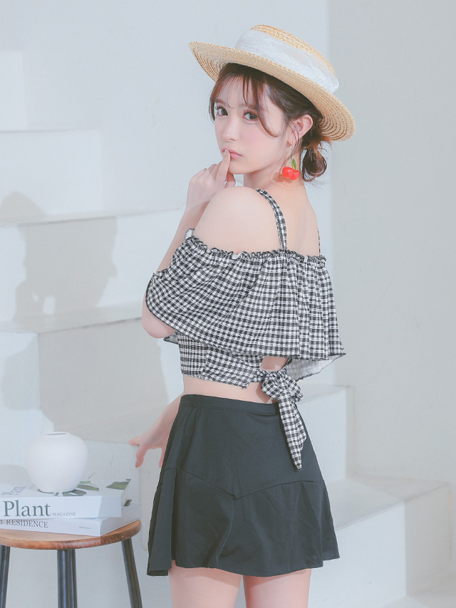水着 ショルダーカット チェック フリル ビスチェ バックリボン 体型カバー スカート 韓国風 ガーリー タンキニ width=