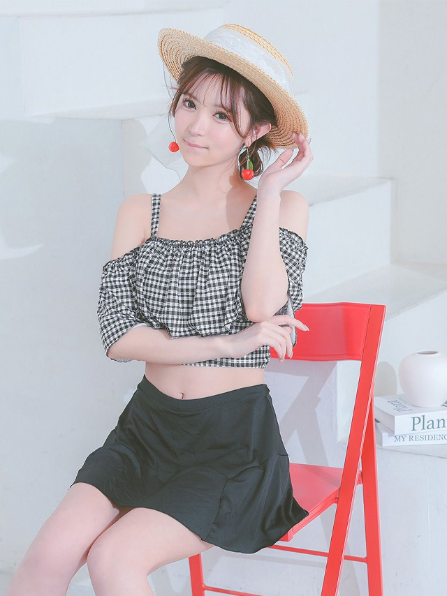 水着 ショルダーカット チェック フリル ビスチェ バックリボン 体型カバー スカート 韓国風 ガーリー タンキニ