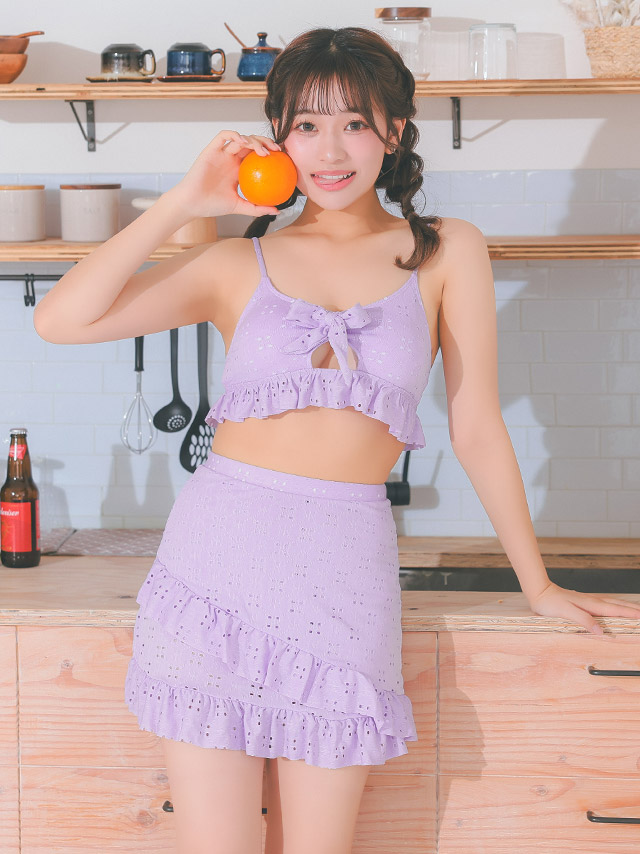 水着 エンブロイダリー レース カットアウト リボン ビスチェ 体型カバー フリル ラップスカート 韓国風 ガーリー タンキニ width=