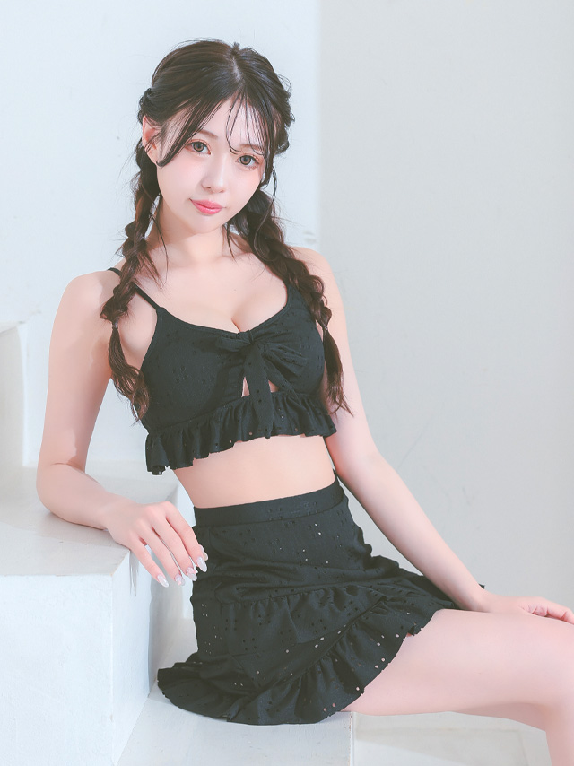水着 エンブロイダリー レース カットアウト リボン ビスチェ 体型カバー フリル ラップスカート 韓国風 ガーリー タンキニ