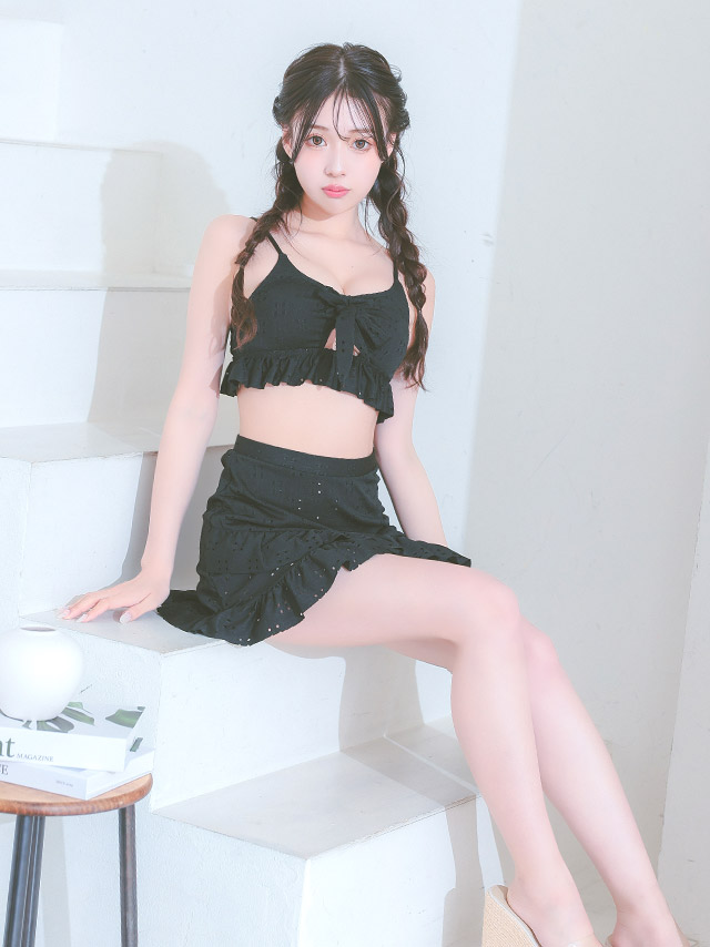 水着 エンブロイダリー レース カットアウト リボン ビスチェ 体型カバー フリル ラップスカート 韓国風 ガーリー タンキニ
