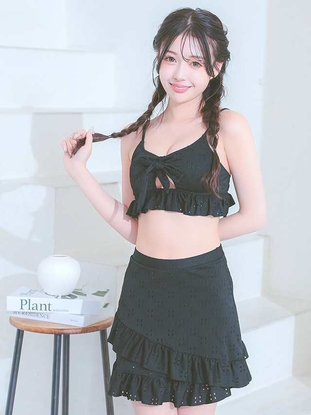 水着 エンブロイダリー レース カットアウト リボン ビスチェ 体型カバー フリル ラップスカート 韓国風 ガーリー タンキニ