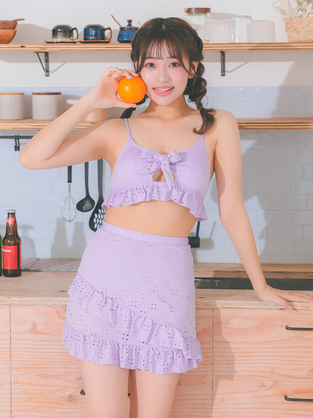 水着 エンブロイダリー レース カットアウト リボン ビスチェ 体型カバー フリル ラップスカート 韓国風 ガーリー タンキニ