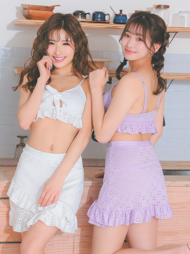 水着 エンブロイダリー レース カットアウト リボン ビスチェ 体型カバー フリル ラップスカート 韓国風 ガーリー タンキニ width=