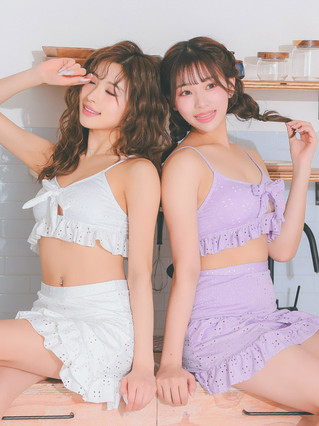水着 エンブロイダリー レース カットアウト リボン ビスチェ 体型カバー フリル ラップスカート 韓国風 ガーリー タンキニ width=