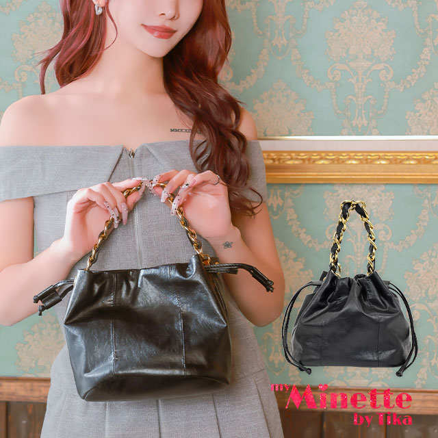 ハンドバッグ2way巾着フェイクレザーゴールドチェーンハンドル