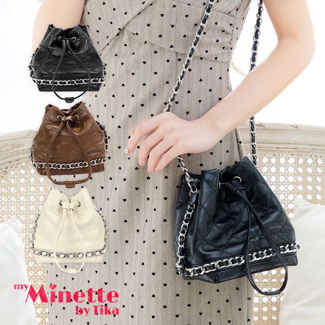 ショルダーバッグ 巾着 キルティング シルバーチェーン の商品画像1枚目