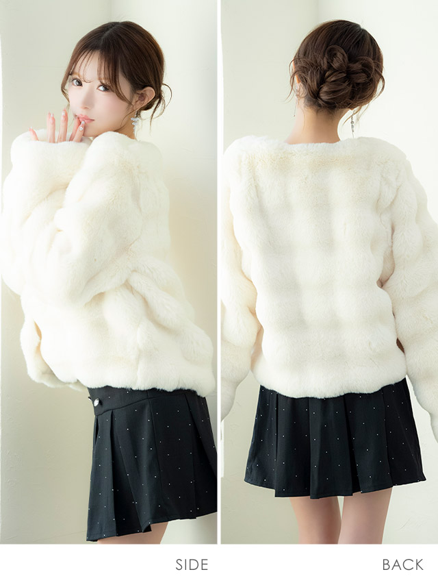 ボレロ ジャケット ノーカラー マシュマロ フェイクファー ショート丈 長袖 体型カバー 羽織り のサイド・バック画像