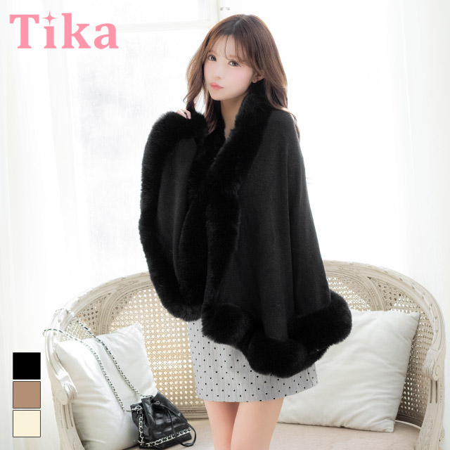 ボレロ ふわふわ フェイクファー付き ニット ワンカラー ポンチョ の商品画像1枚目