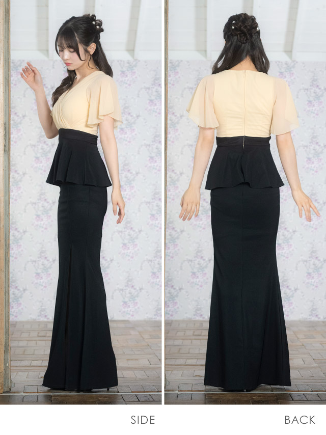 ロングドレス 袖あり 半袖 フレアスリーブ カシュクール 谷間 シフォン ペプラム バイカラー ストレッチ お腹カバー 下着のまま スリット 高身長 タイト 大きいサイズ XL XXL 4L ベージュ 黒 キャバドレス のサイド・バック画像