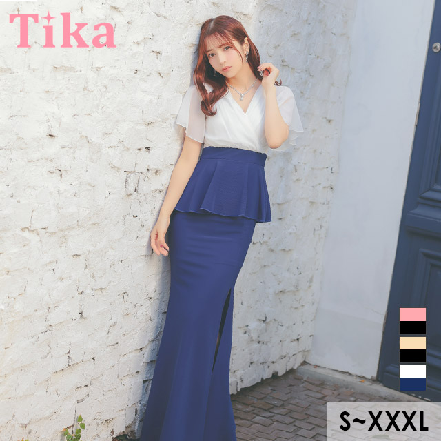 ロングドレス 袖あり 半袖 フレアスリーブ カシュクール 谷間 シフォン ペプラム バイカラー ストレッチ お腹カバー 下着のまま スリット 高身長 タイト 大きいサイズ XL XXL 4L 白 ブルー キャバドレス のメイン画像