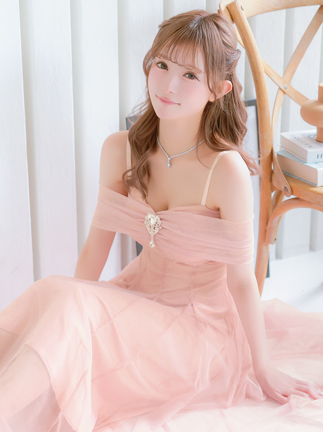 ロングドレス バースデー 肩あき ビジュー チュール 高身長 Aライン ピンク キャバドレス の座り画像4枚目