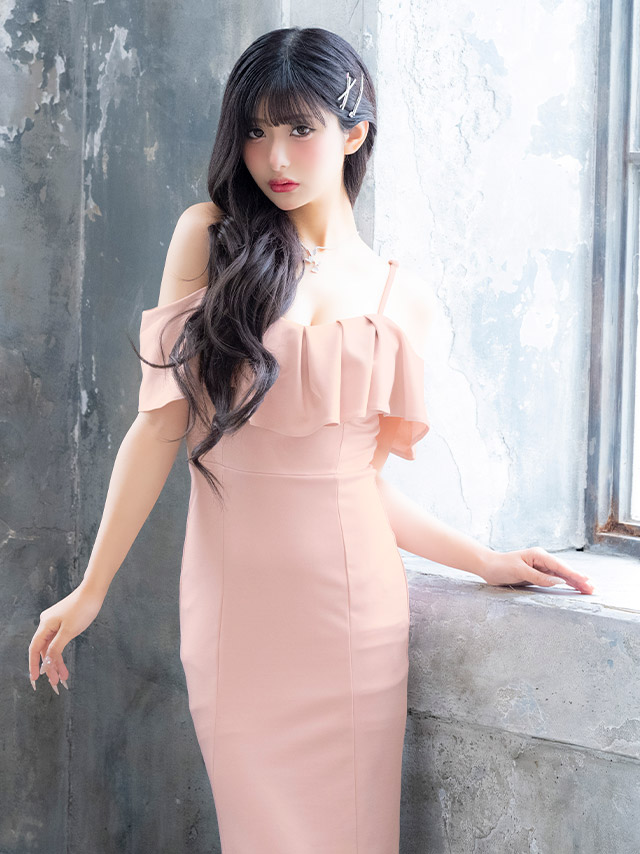 ロングドレス 肩あき タイト ストレッチ フリル 胸元カバー 高身長 ワンカラー 大きいサイズ XL XXL ピンク キャバドレス の商品画像2枚目