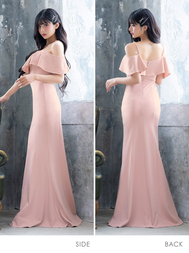ロングドレス 肩あき タイト ストレッチ フリル 胸元カバー 高身長 ワンカラー 大きいサイズ XL XXL ピンク キャバドレス のサイド・バック画像