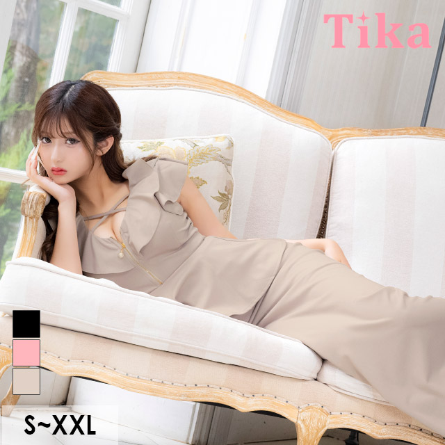 ロングドレスペプラムタイトスリットノースリーブストレッチジップフリル袖クロスネックワンカラーグレージュベージュ大きいサイズキャバドレス