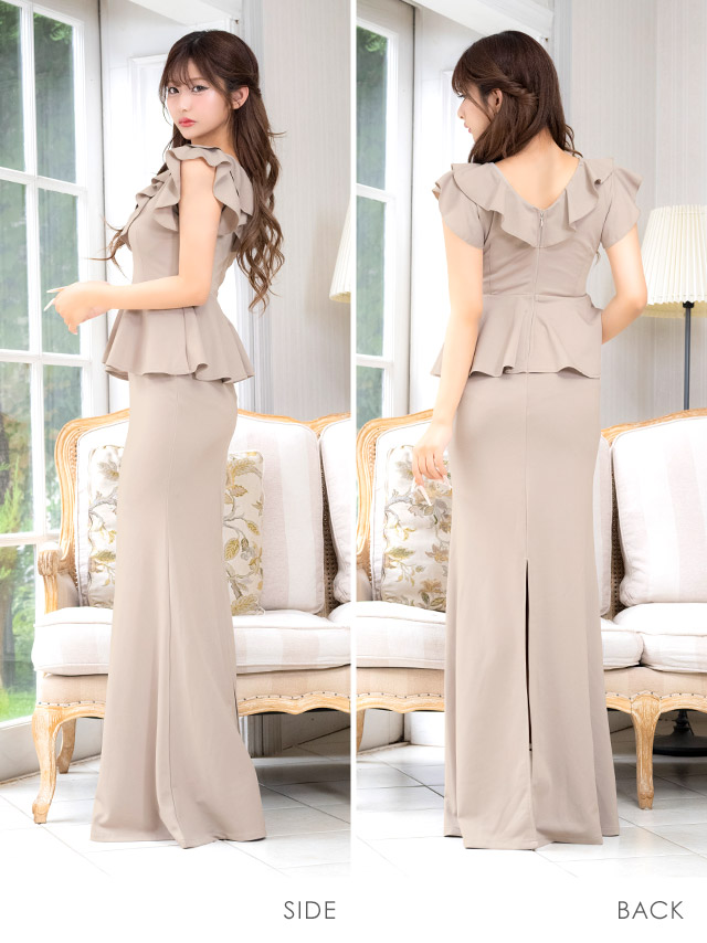 ロングドレスペプラムタイトスリットノースリーブストレッチジップフリル袖クロスネックワンカラーグレージュベージュ大きいサイズキャバドレス