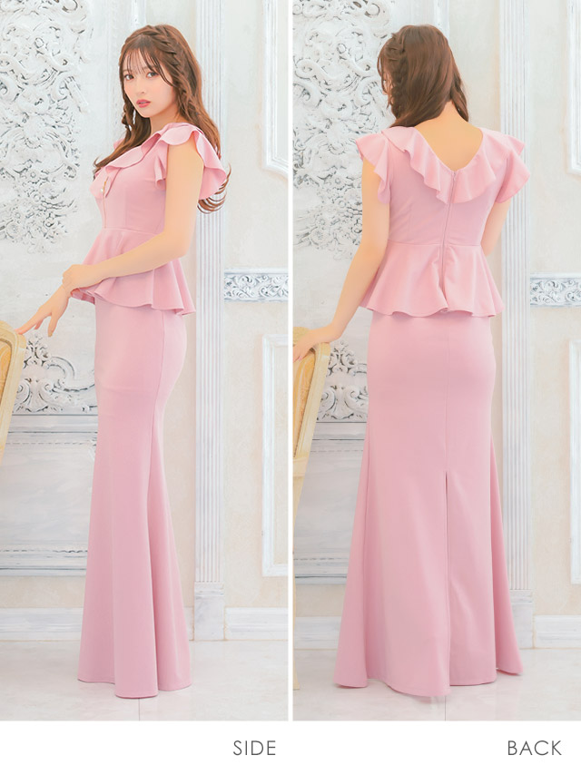 ロングドレスペプラムタイトスリットノースリーブストレッチジーピンク大きいサイズキャバドレス