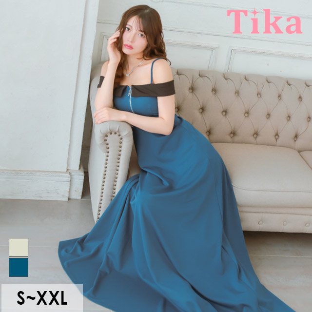 ロングドレス 肩あき ジップ 谷間 サイドベルト 高身長 ブルー 青 XL XXL Aライン キャバドレス のメイン画像