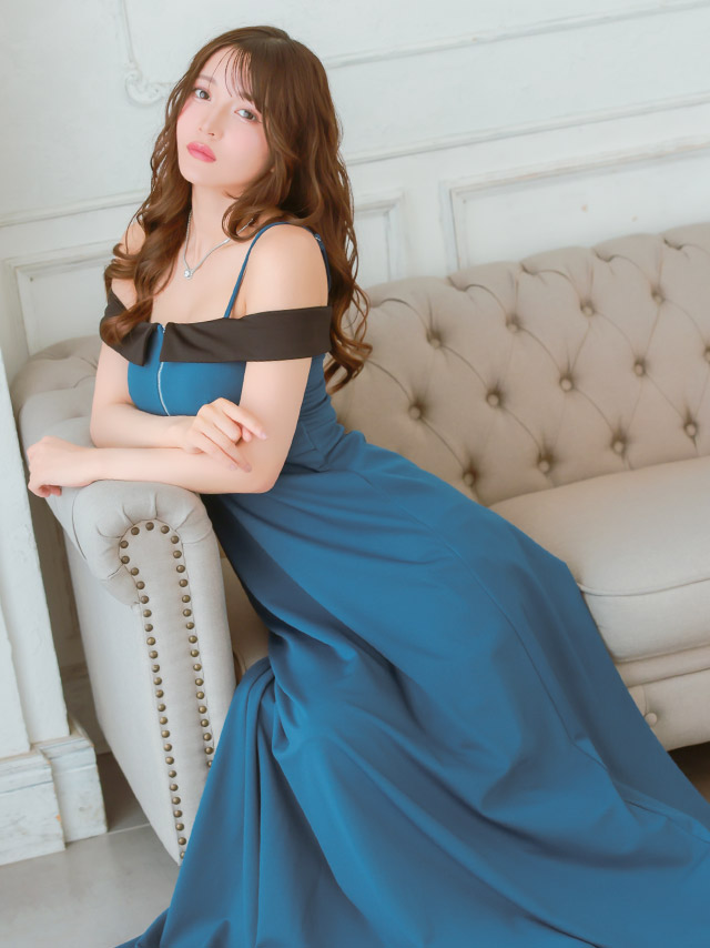 ロングドレス 肩あき ジップ 谷間 サイドベルト 高身長 ブルー 青 XL XXL Aライン キャバドレス の座り画像2枚目