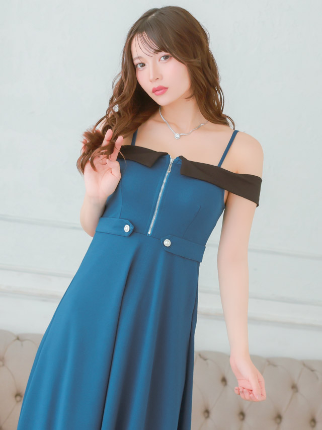 ロングドレス 肩あき ジップ 谷間 サイドベルト 高身長 ブルー 青 XL XXL Aライン キャバドレス の立ち姿イメージ画像3枚目