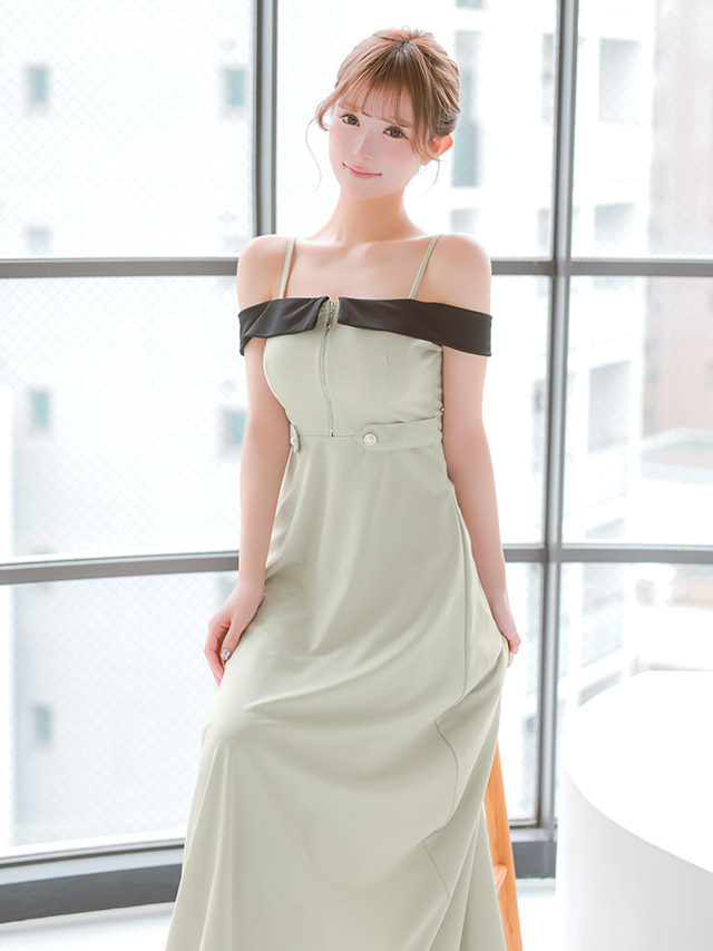 ロングドレス 肩あき ジップ 谷間 サイドベルト 高身長 グレー XL XXL Aライン キャバドレス の座り画像4枚目