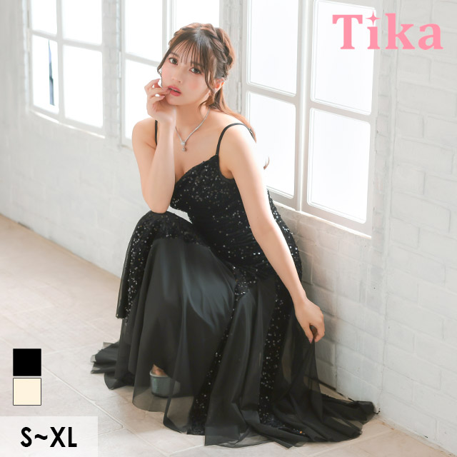 ロングドレス バースデー タイト 大人 マーメイド シフォン キャミソール キラキラ スパンコール 黒 キャバドレス の座り画像1枚目