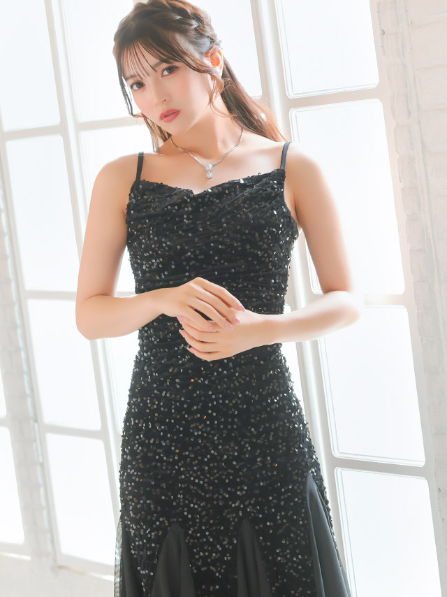 ロングドレス バースデー タイト 大人 マーメイド シフォン キャミソール キラキラ スパンコール 黒 キャバドレス の商品画像3枚目