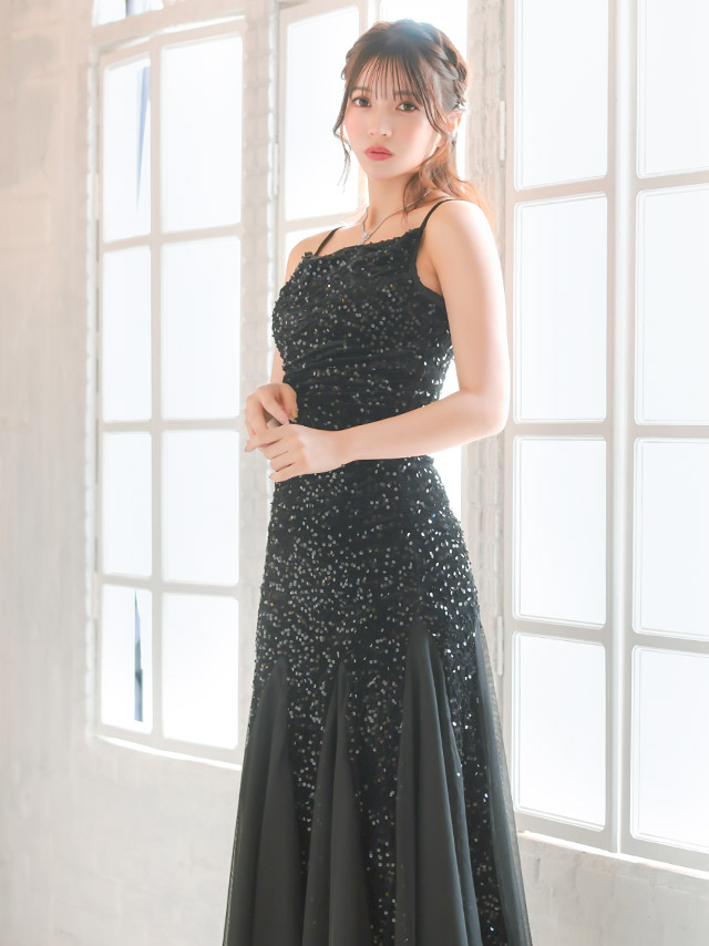 ロングドレス バースデー タイト 大人 マーメイド シフォン キャミソール キラキラ スパンコール 黒 キャバドレス の商品画像5枚目