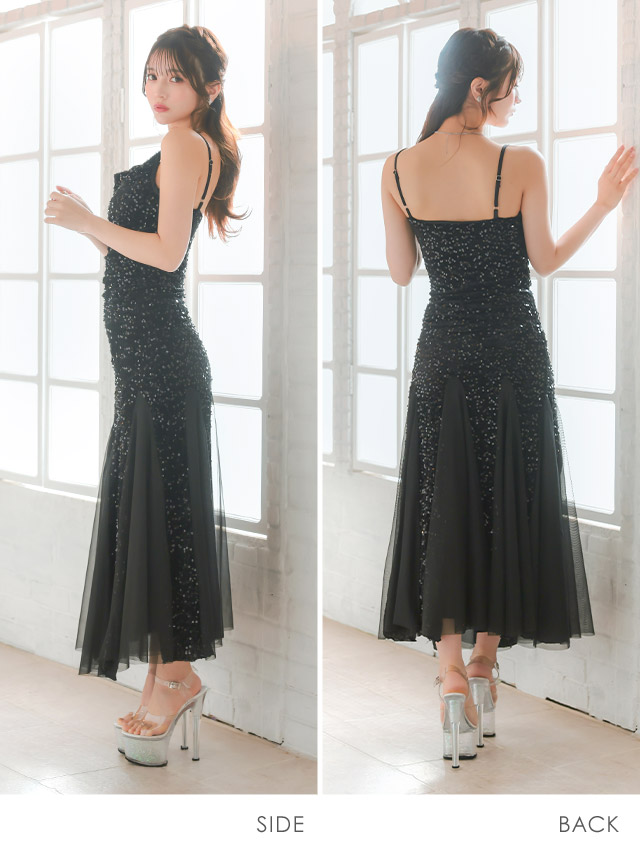 ロングドレス バースデー タイト 大人 マーメイド シフォン キャミソール キラキラ スパンコール 黒 キャバドレス のサイド・バック画像