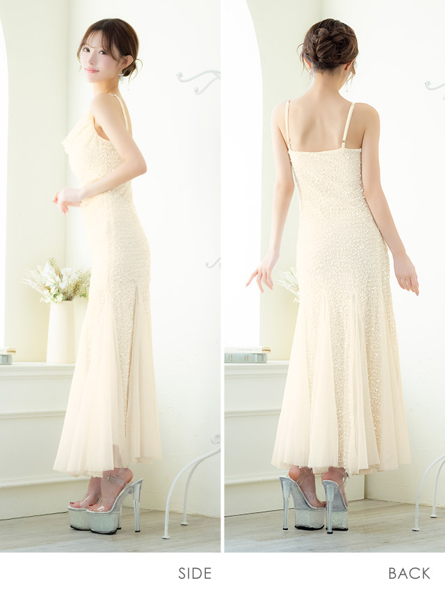 ロングドレス バースデー タイト 大人 マーメイド シフォン キャミソール キラキラ スパンコール アイボリー XL キャバドレス のサイド・バック画像
