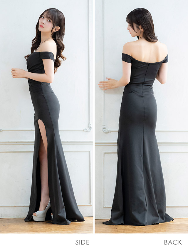 ロングドレス 谷間 オフショルダー 大人 シンプル スリット ストレッチ ハートカット ギャザー シアーカットアウト XL 黒 タイト キャバドレス のサイド・バック画像