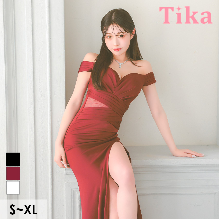 ロングドレス 谷間 オフショルダー ハートカット シンプル 大人 スリット ウエストシアー ストレッチ ワンカラー XL ワンレッド タイト キャバドレス のメイン画像