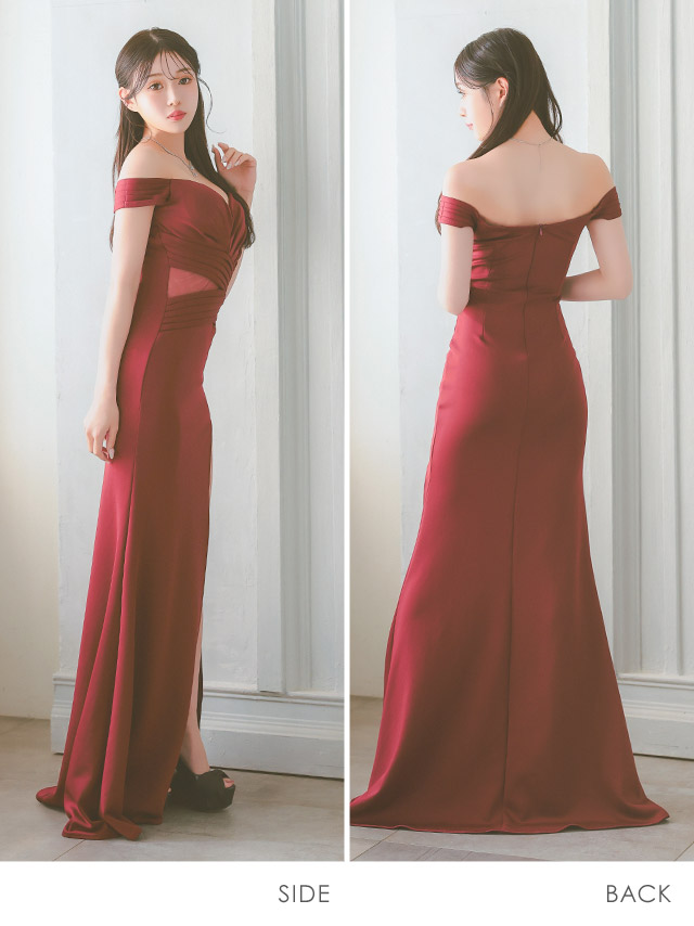 ロングドレス 谷間 オフショルダー ハートカット シンプル 大人 スリット ウエストシアー ストレッチ ワンカラー XL ワンレッド タイト キャバドレス のサイド・バック画像
