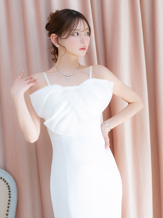 ロングドレス マーメイド バストリボン キャミソール バースデー タイト 胸元カバー ホワイト XL キャバドレス の商品画像2枚目