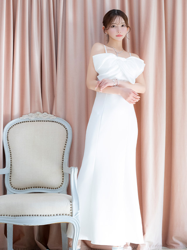 ロングドレス マーメイド バストリボン キャミソール バースデー タイト 胸元カバー ホワイト XL キャバドレス の商品画像3枚目