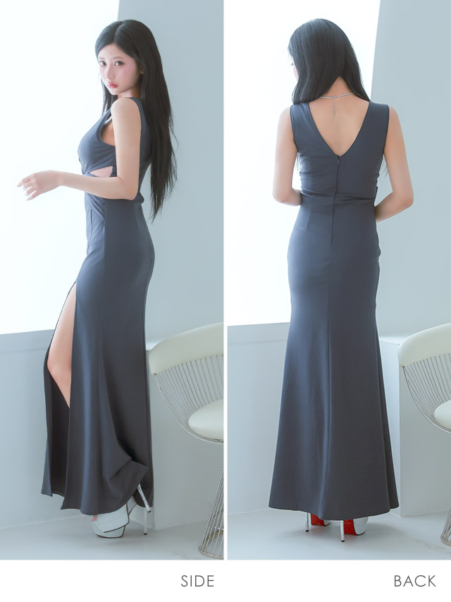 ロングドレス ノースリーブ 谷間 スリット くびれ ヌーディーシアー グリッター ストレッチ XL XXL グレー タイト キャバドレス のサイド・バック画像