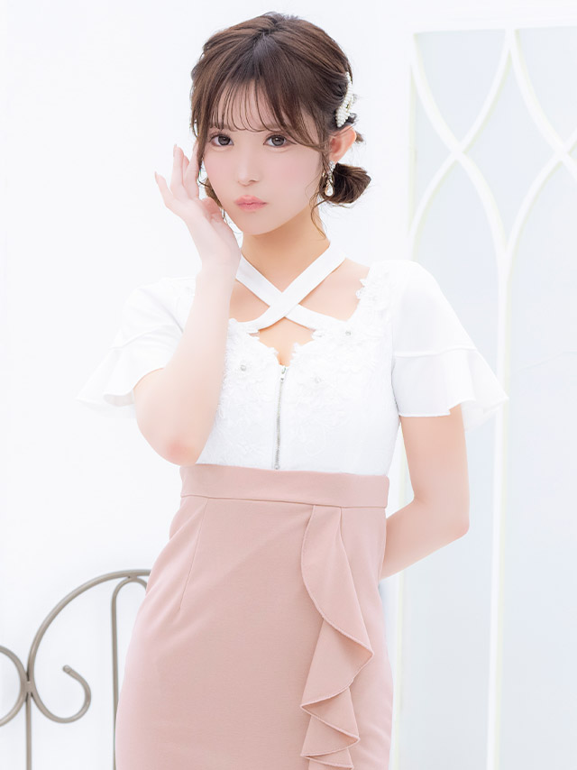 立体フラワー刺繍バストジップデザインクロスネック半袖バイカラーストレッチタイトミニドレスの商品画像2枚目
