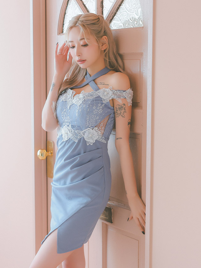 クロスネックオフショルダー立体フラワーレースくびれデザインギャザースリットタイトミニドレスの商品画像4枚目