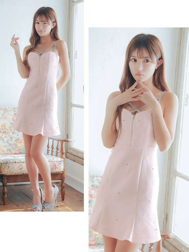 ミニドレスバストジップラメキャミソールツイードAラインキャバドレス