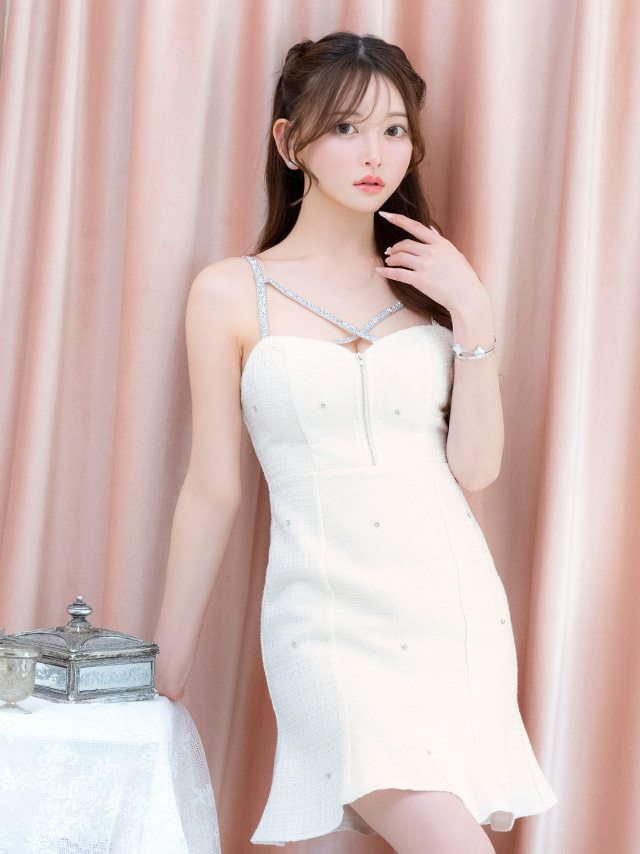 ミニドレスバストジップツイードラメキャミソールAラインビジューキャバドレス