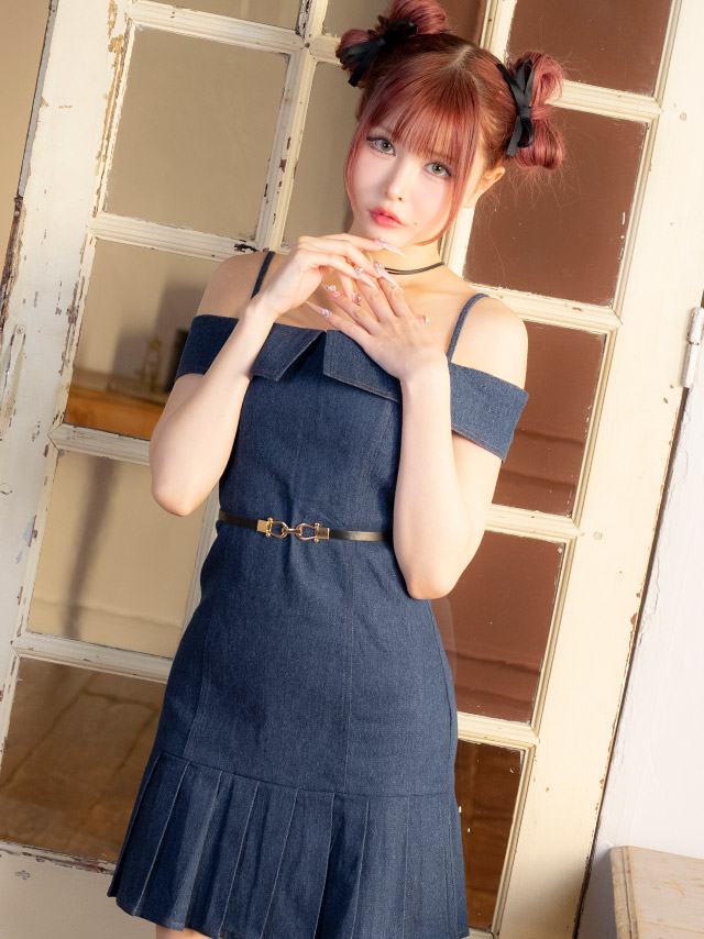 ワンピースAラインミニドレス肩出し二の腕カバーウエストベルト付きプリーツデニム同伴キャバドレス