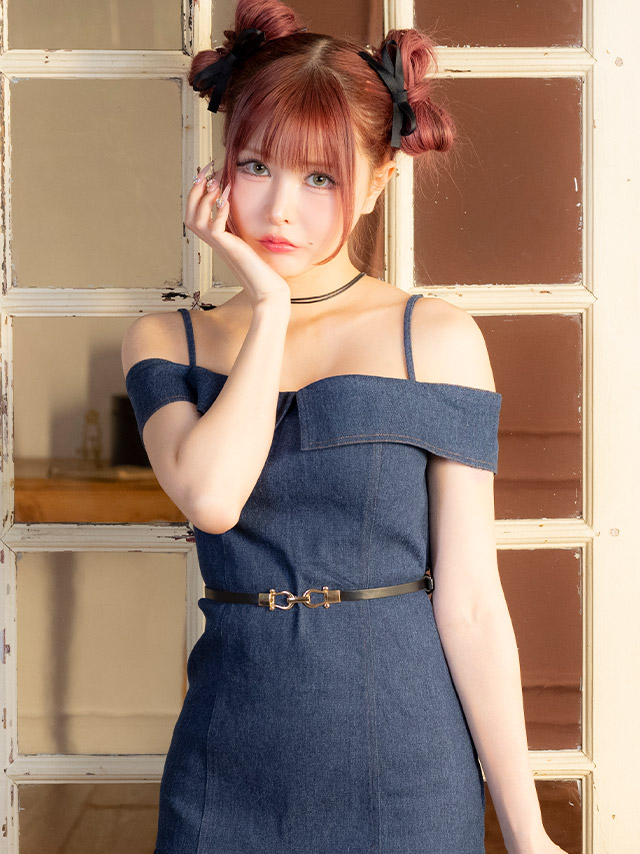 ワンピースAラインミニドレス肩出し二の腕カバーウエストベルト付きプリーツデニム同伴キャバドレス