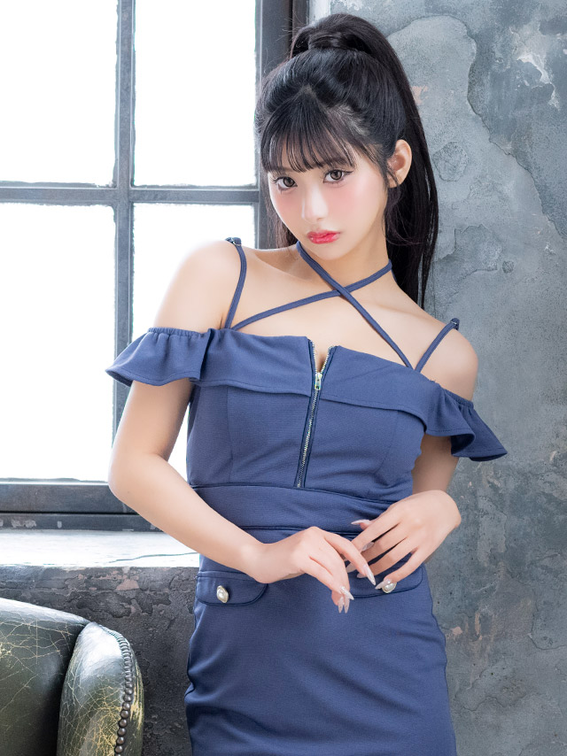 ミニドレス 肩あき クロスネック ジップ パイピング フェイクポケット ストレッチ XL タイト ブルー キャバドレス の立ち姿イメージ画像2枚目