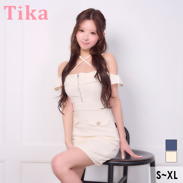 ミニドレス 肩あき クロスネック ジップ パイピング フェイクポケット ストレッチ XL タイト アイボリー キャバドレス のメイン画像